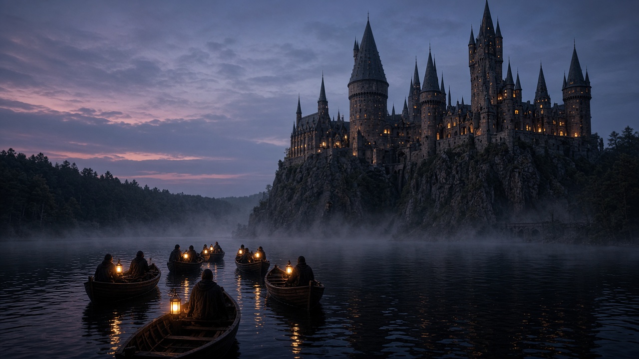 Wooden boats with lanterns crossing a dark lake toward the castle