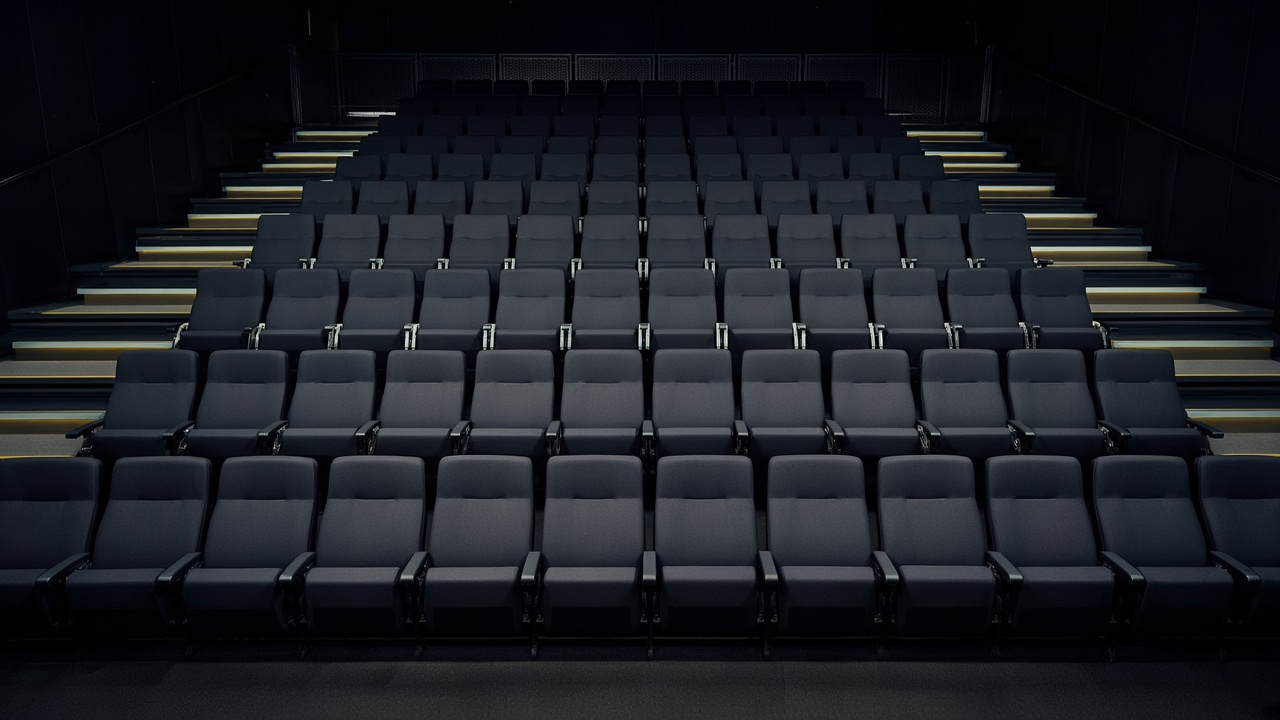Rows of empty dark seats rising in a steep screening room