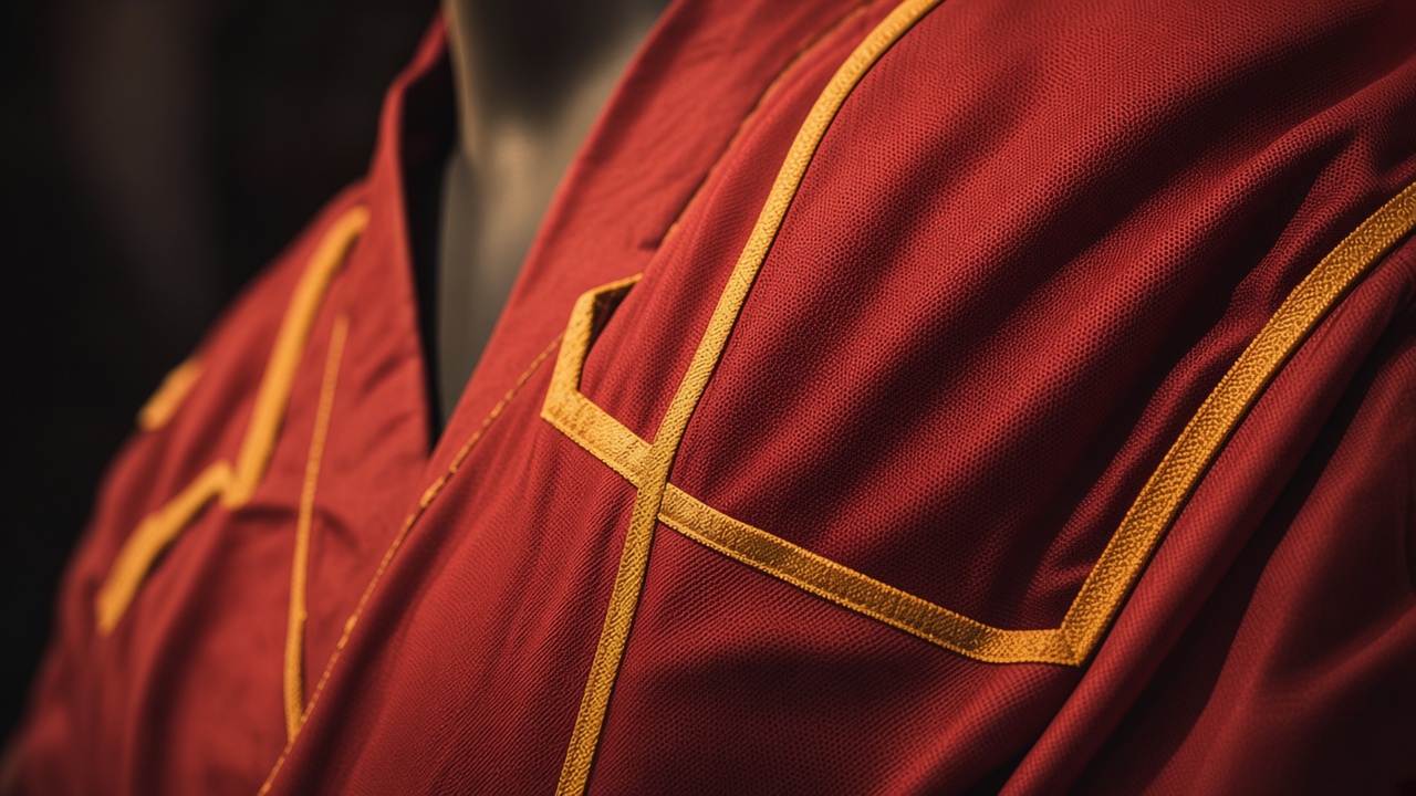 Close view of a red sports robe with gold trim