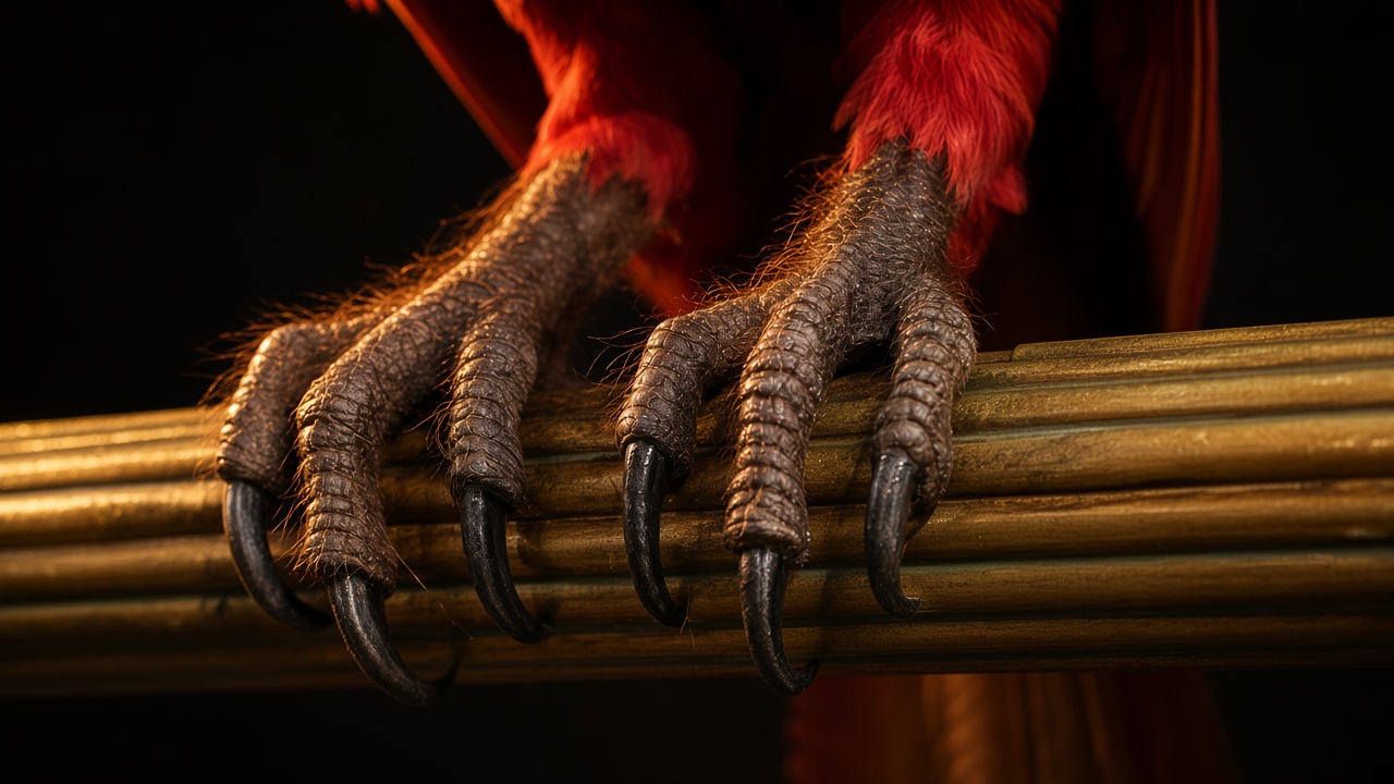 Close view of red feathers and dark talons gripping a gilded perch