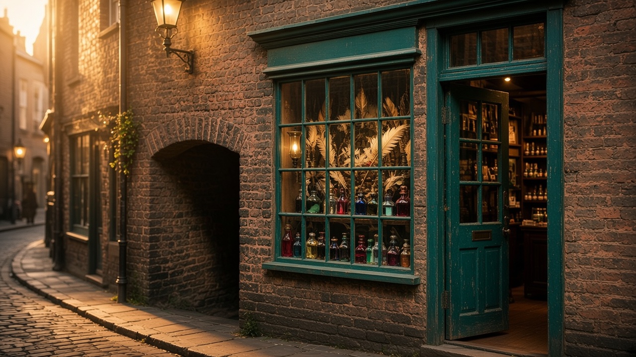 A teal shopfront with a paned window of quills and an open door