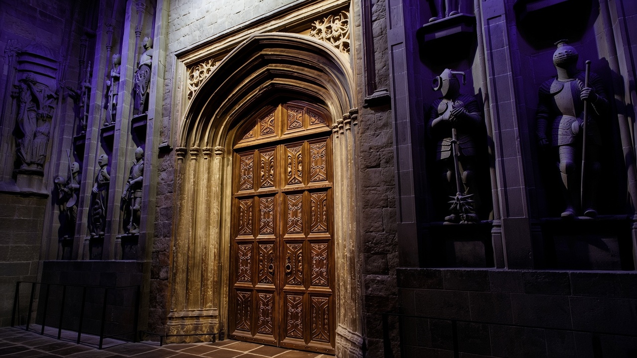 A carved wooden double door in a stone arch, flanked by armoured figures in purple light