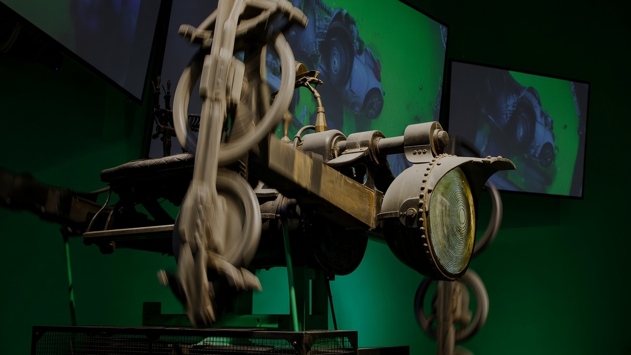 A blurred mechanical rig with a large lamp, in front of green screens