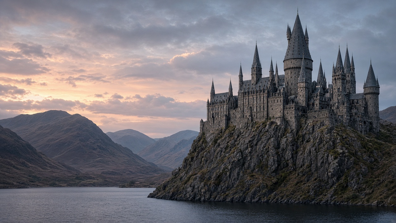 The stone castle with many pointed towers on a cliff above a lake