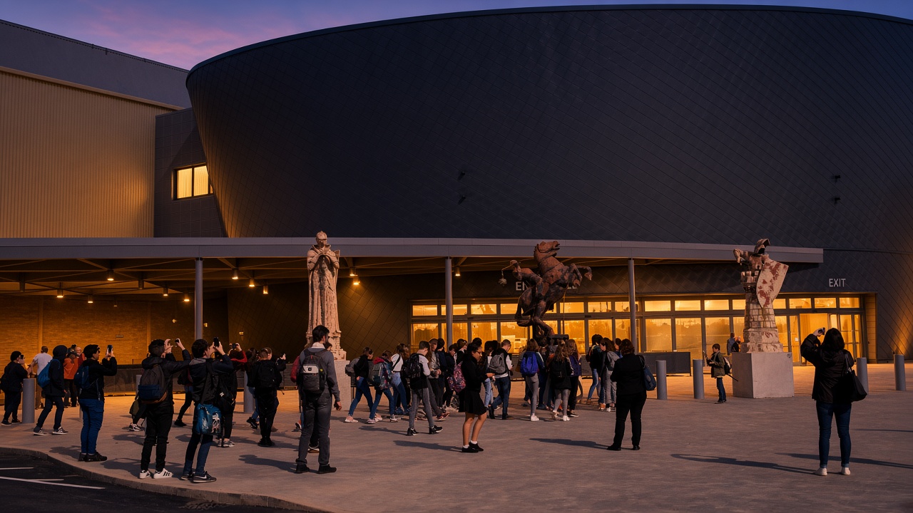 Visitors photographing the dark curved facade of Warner Bros. Studio Tour London, with statues on the forecourt