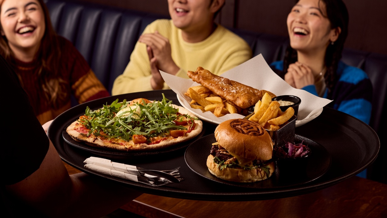 A tray of pizza, fish and chips, and a burger, with three people laughing in a booth behind it