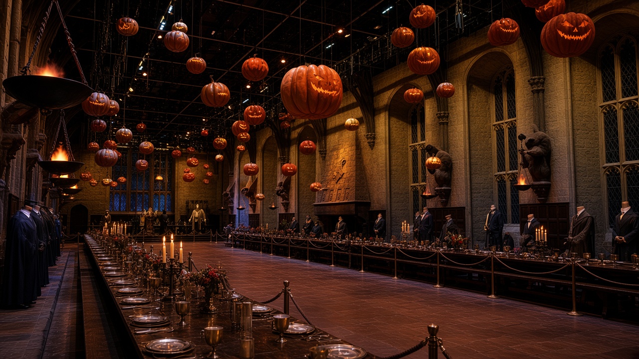A stone dining hall with long tables and dozens of carved pumpkins hanging from the ceiling