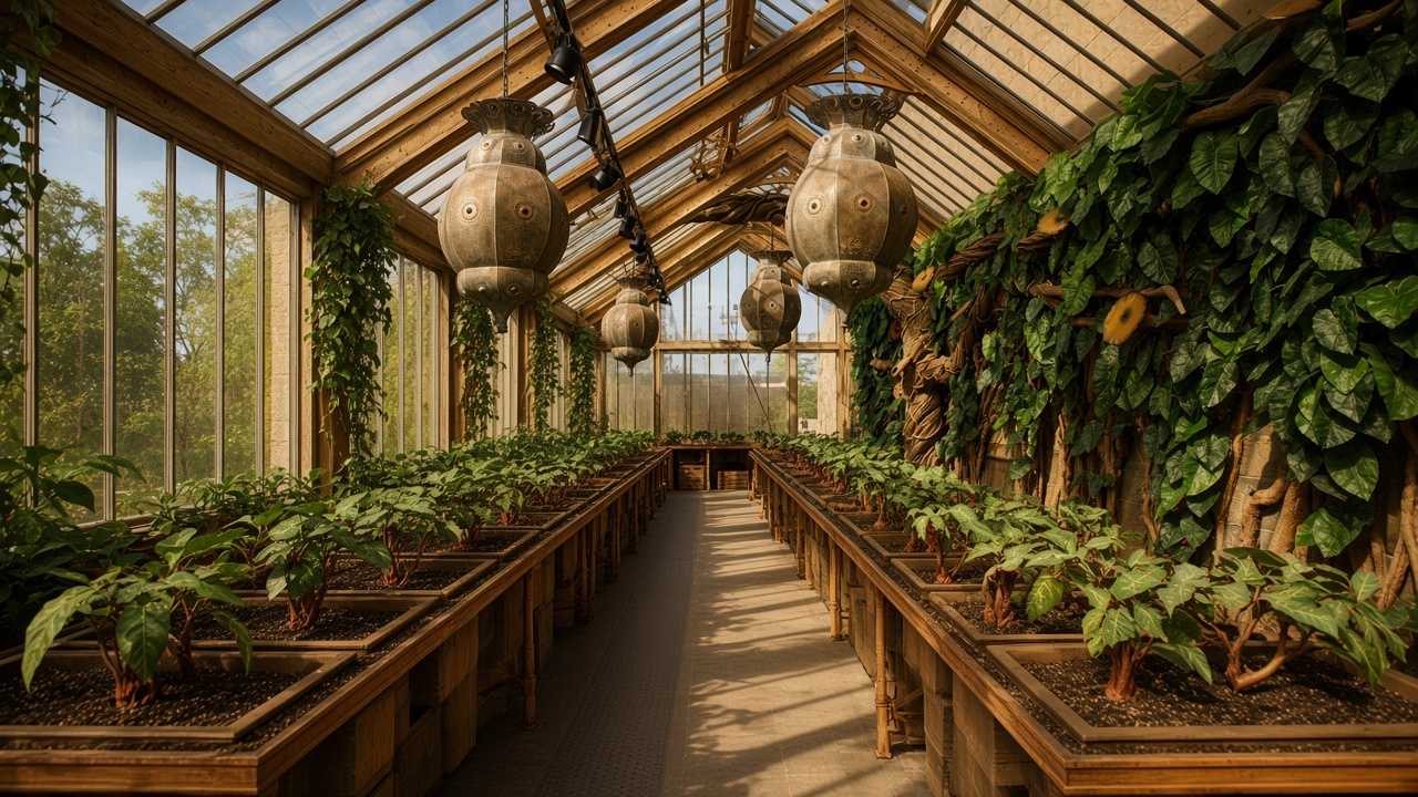 A glasshouse with potted plants, hanging metal lanterns, and a wall of twisting vines