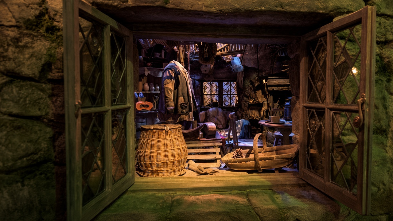 A cluttered hut interior seen through open green casement windows, with a basket and a coat