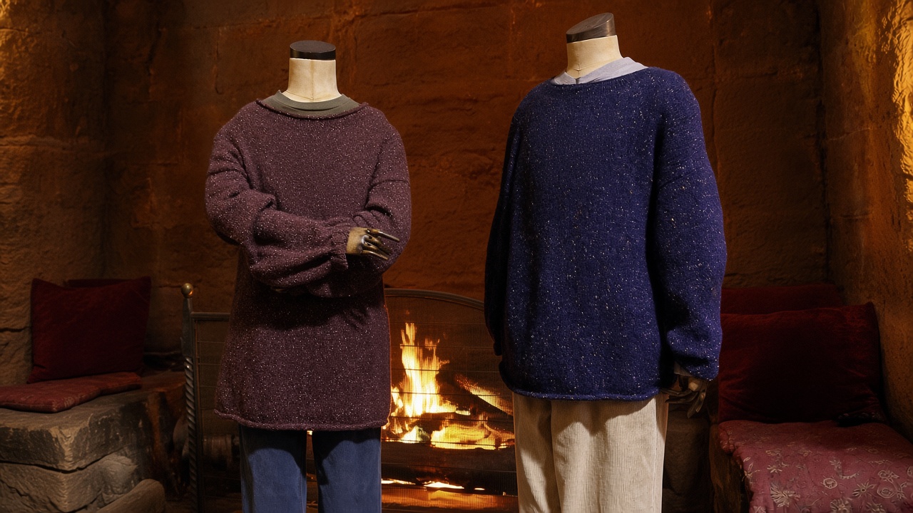 Two headless mannequins in knitted jumpers standing by a fire