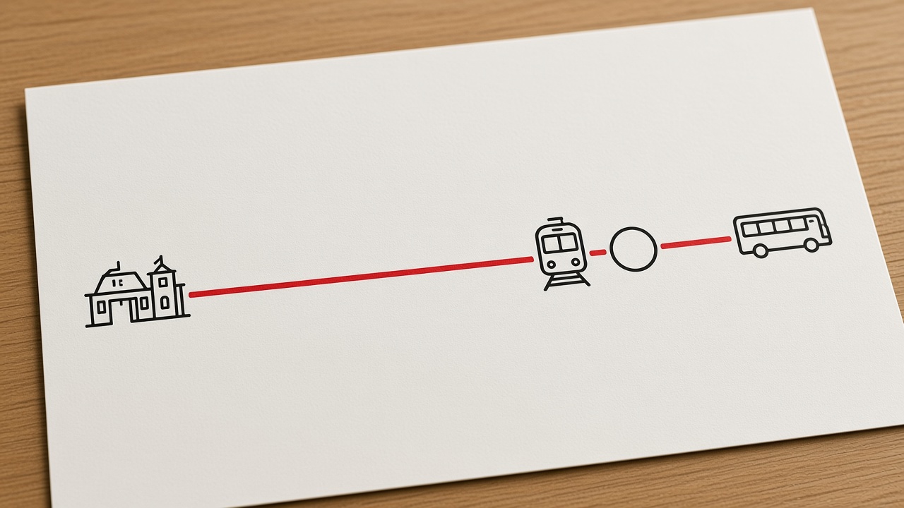 A blue diagram marking London Euston, a 20 minute train to Watford Junction, and a 15 minute bus onward to the studio tour
