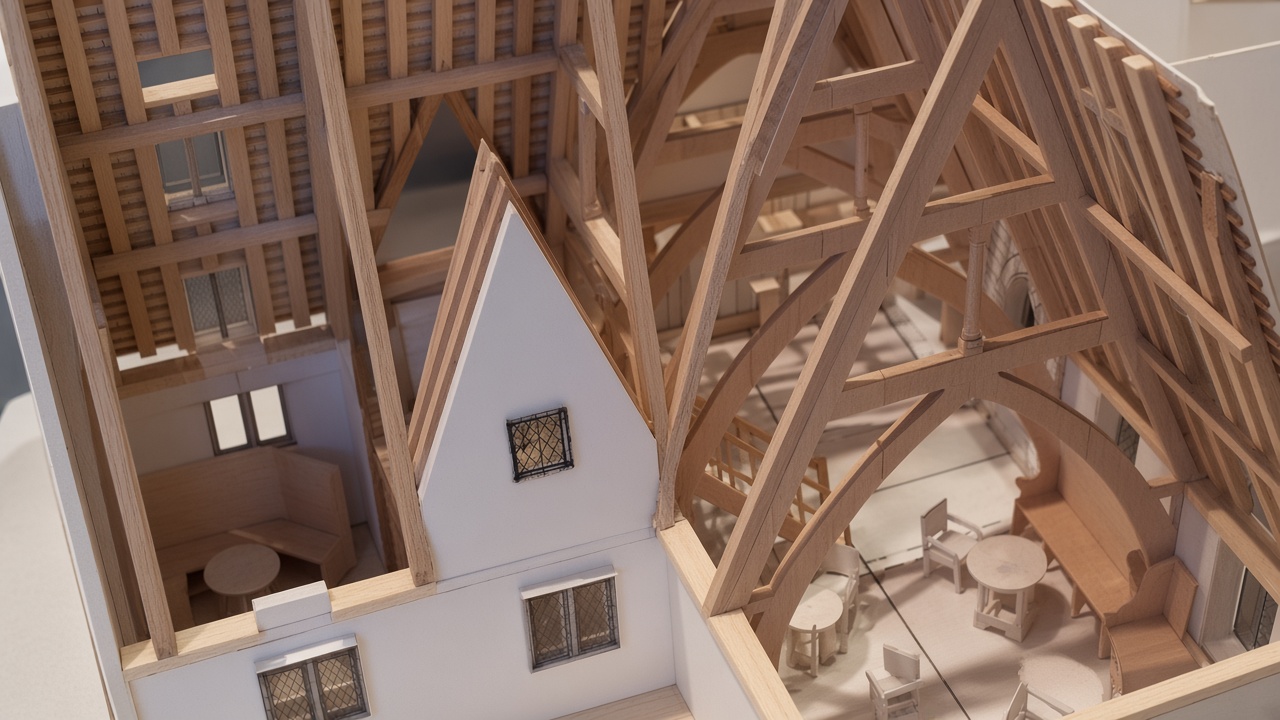 A wooden architectural model of a gabled room, with exposed roof trusses and tiny furniture