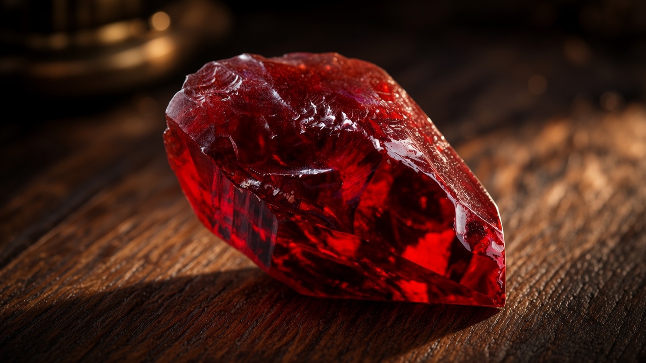 A large faceted red stone resting on a dark wooden surface