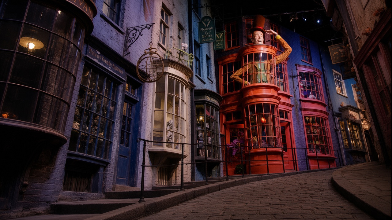 A crooked shop street at night, with bay windows, hanging signs, and a figure in a top hat