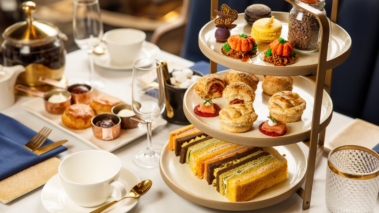 A three-tier afternoon tea stand with sandwiches, scones, and small cakes on a white table