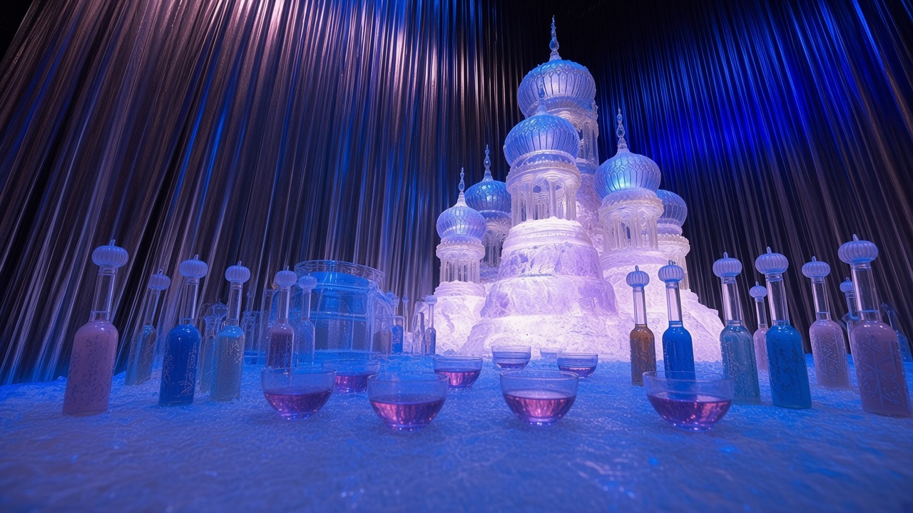 An icy model palace with onion domes, surrounded by glass bottles on a frozen surface